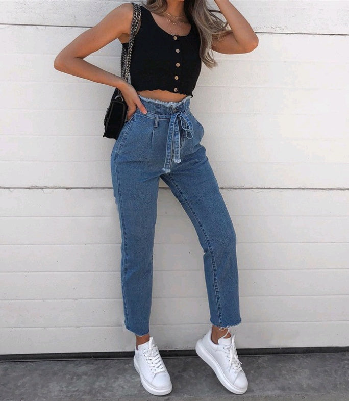 Women's High-Waisted Washed Denim Pencil Pants