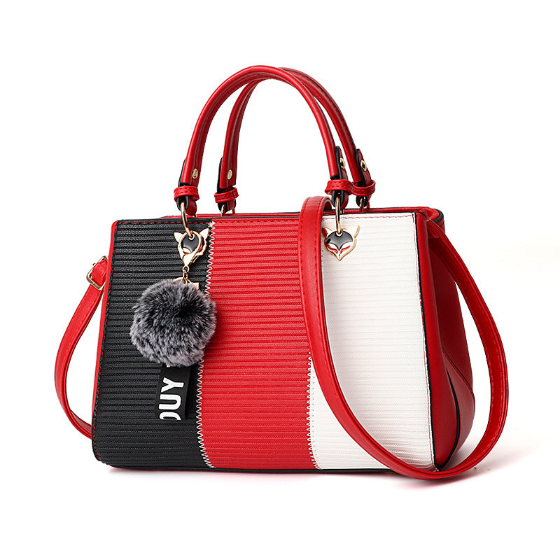 Women's Patchwork Handbag with Hairball Charm