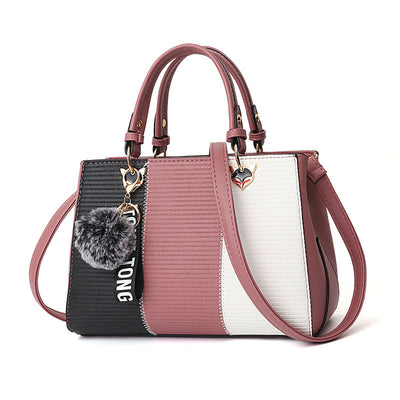 Women's Patchwork Handbag with Hairball Charm